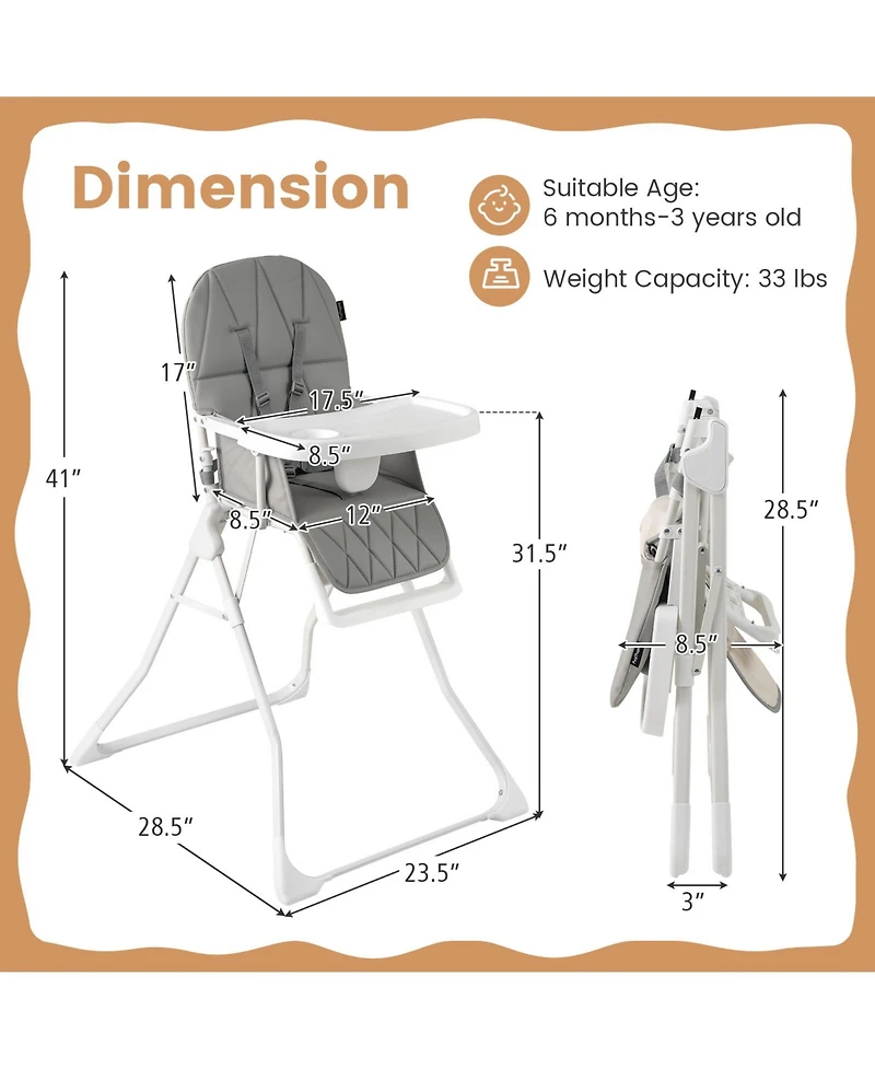 Sugift Easy Clean Compact Highchair with Removable Adjustable Tray and Pu Seat Cushion
