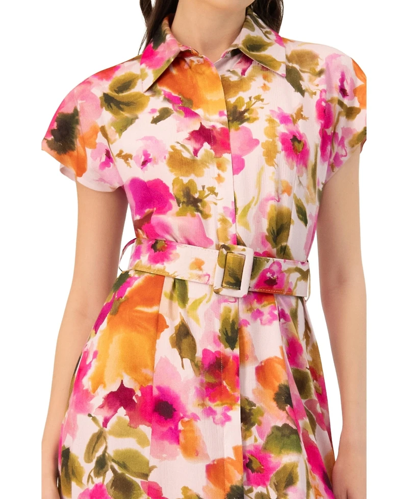 Ivonne Women's Midi Belted Floral Print Shirt Style Dress