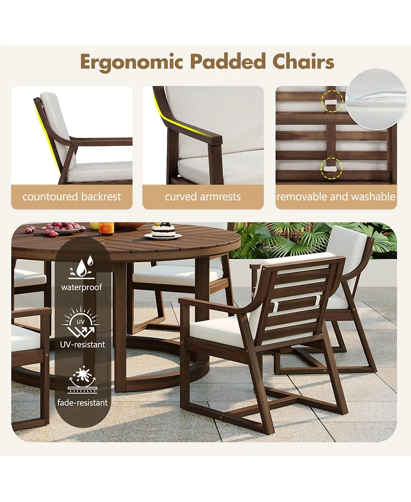 Rainsken Outdoor Dining Chair Set of 2, Sturdy Acacia Wood Armchairs with Curved Support and Removable Cushions for Patio, Garden and Poolside