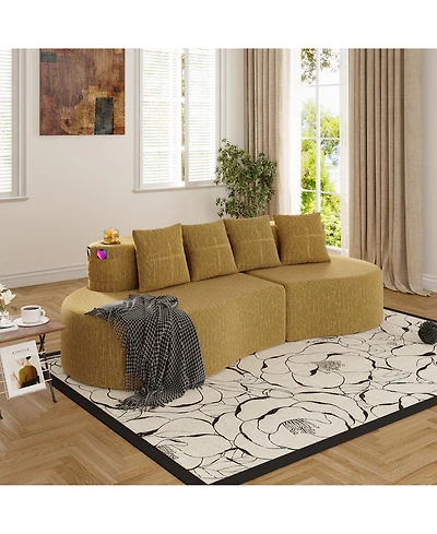 Rainsken Half Moon 3-Seater Sofa, Modern Modular Sectional Couch in Chenille Fabric, Featuring 2 Cup Holders and Side Storage Pockets for Home Use