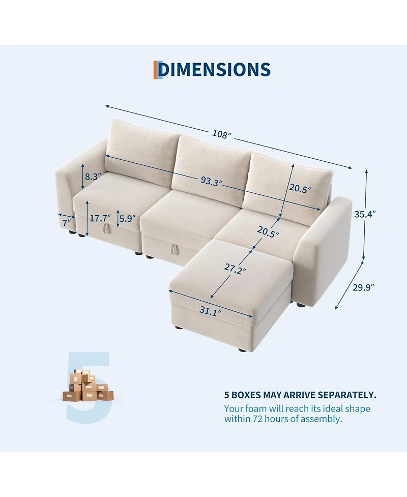 gaomon L-Shape Sectional Sofa with Storage, 108" Modular Couch, 4-Seater Sofa Bed with Ottoman, Chenille Fabric with Hidden Storage for Small Spaces