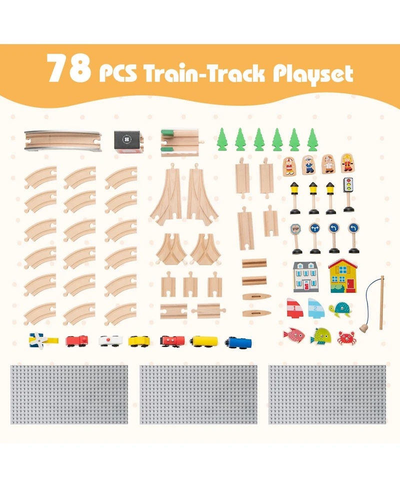 Slickblue Kids Wooden Train Set 78 Pieces Railway Track Playset with Accessories