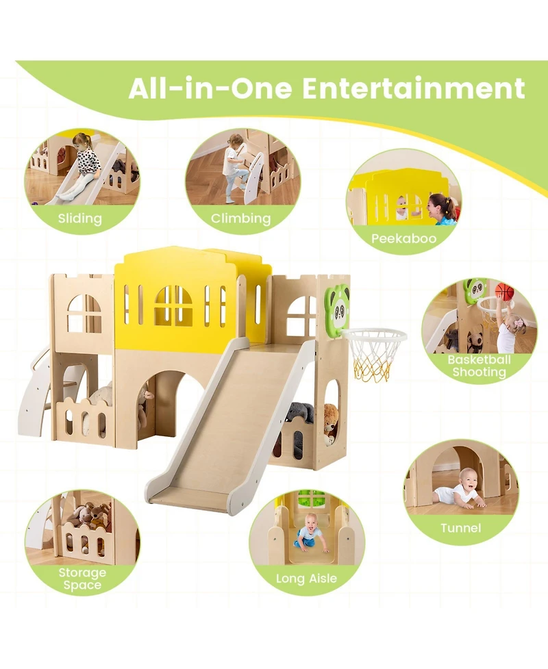 Slickblue Kids 7 in 1 Slide Playset with Climber and Basketball Hoop