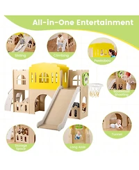 Slickblue Kids 7 in 1 Slide Playset with Climber and Basketball Hoop