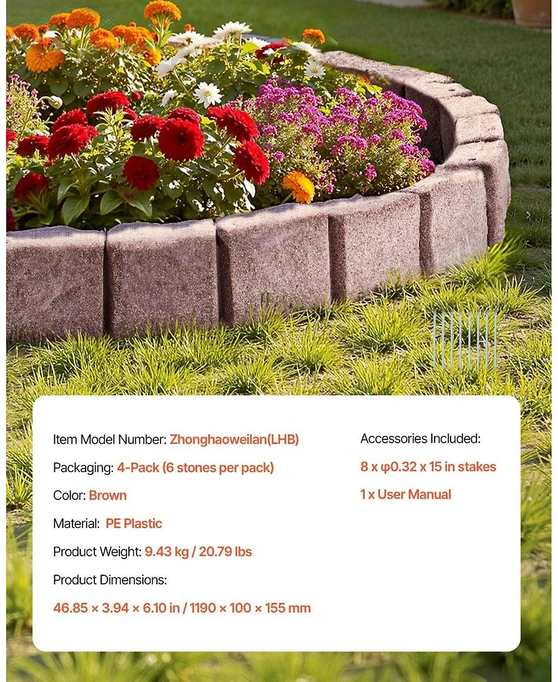 Sugift Faux Stone Landscape Edging, 46.8 x 3.9 in, Flexible Brick-Sized Lawn Edging