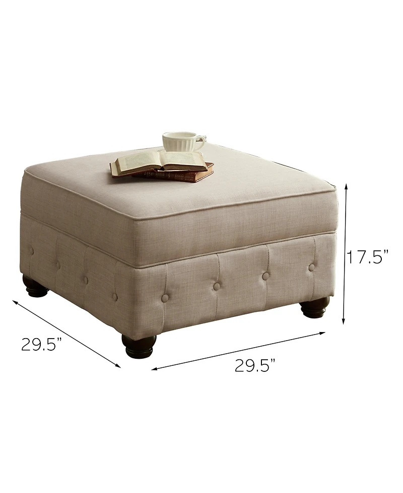 Boyel Living Classic Button-Tufted Linen Ottoman with Vintage Wooden Legs