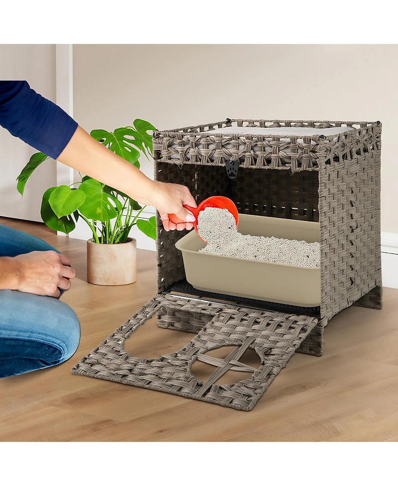 Cozito Cat Litter Box Enclosure Foldable 2-Tier Rattan with Mat