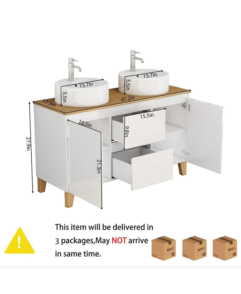 Sillysis Double Bathroom Vanity with Solid Wood Top, Round Ceramic Sinks, Glossy Cabinet, Soft-Close Storage for Large Spaces