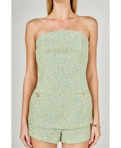 Endless Rose Womens Tweed Gold Buttoned Strapless Long Top Tweed High Waisted Shorts