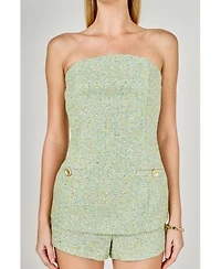 Endless Rose Womens Tweed Gold Buttoned Strapless Long Top Tweed High Waisted Shorts