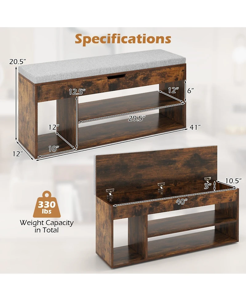 Gouun Padded Shoe Bench with Hidden Storage and 3 Open Shelves