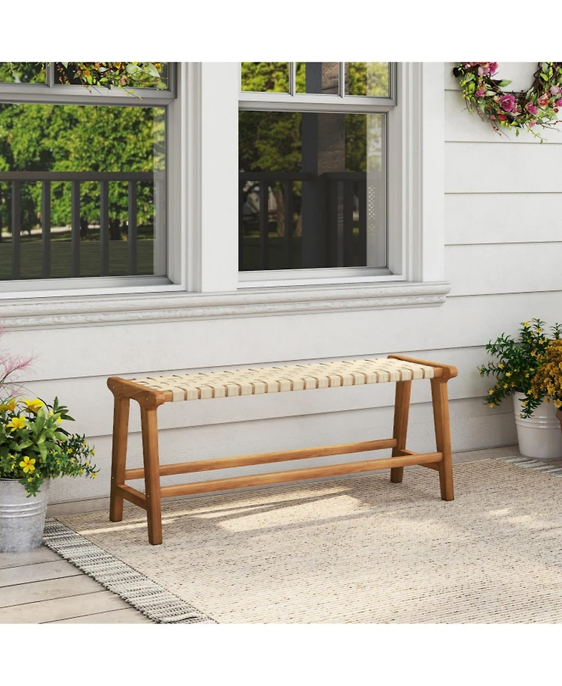 Gouun 47-inch Teak Wood Patio Bench with Woven Seat and Solid Legs