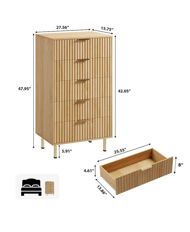 gaomon 48" Tall 5 Drawer Chest of Drawers for Bedroom, Fluted Storage Dresser with Wide Top.