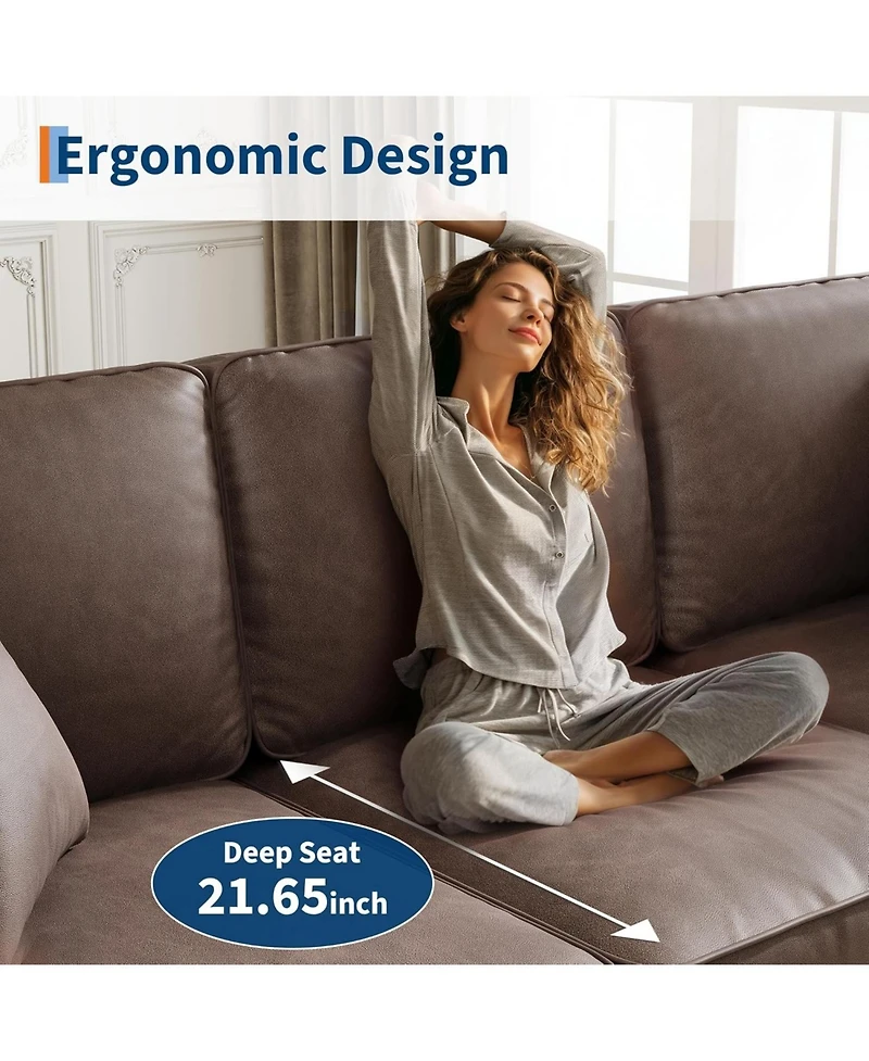 gaomon 85 Inch 3-Seater Sofa Couch Faux Leather Wide Armrests Deep Seats Wood Legs Back Cushion Sturdy Support