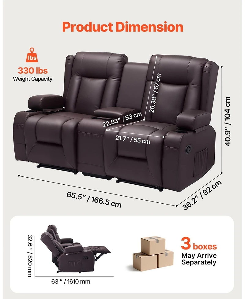 Gouun Faux Leather Manual Reclining Loveseat with Center Console, Usb and Cup Holders