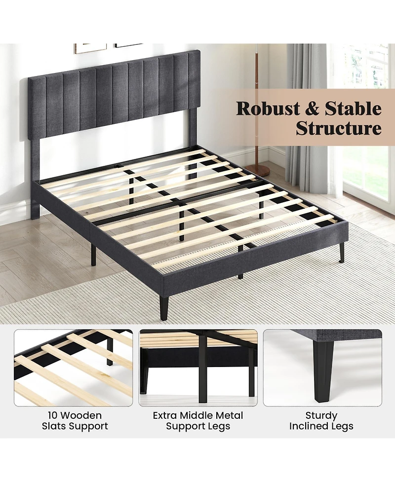 Sugift Queen Size Velvet Upholstered Platform Bed with Height Adjustable Vertical Channel Headboard