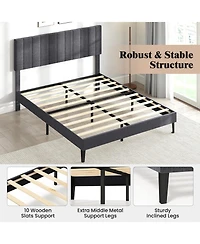 Sugift Queen Size Velvet Upholstered Platform Bed with Height Adjustable Vertical Channel Headboard