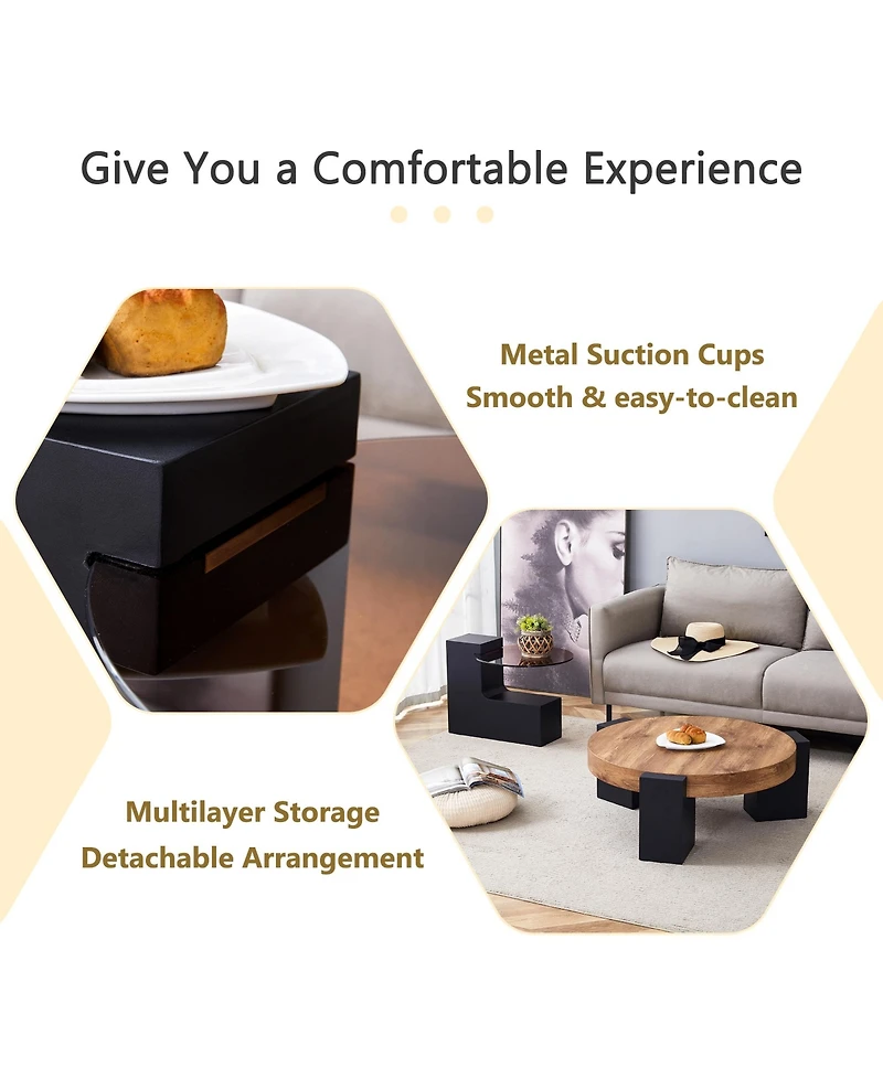 Rainsken Modern 2-Tier Coffee Table, Round Wooden Top with Black Block Legs and Glass Side Table for Living Room, Apartment