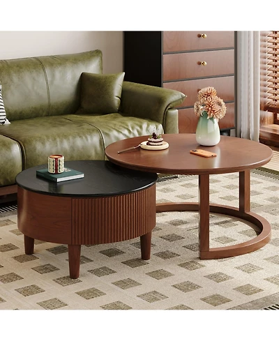 Rainsken Round Nesting Coffee Table Set with Two Tone Wood and Storage Drawer