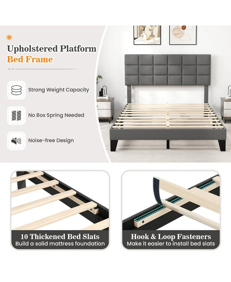 Gouun Rubberwood Platform Bed Frame with Headboard and Adjustable Headboard