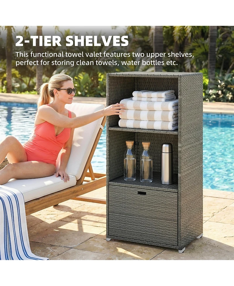 Outsunny Pe Rat Pool Towel Rack with 2 Storage Shelves Basket Mixed