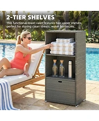 Outsunny Pe Rat Pool Towel Rack with 2 Storage Shelves Basket Mixed