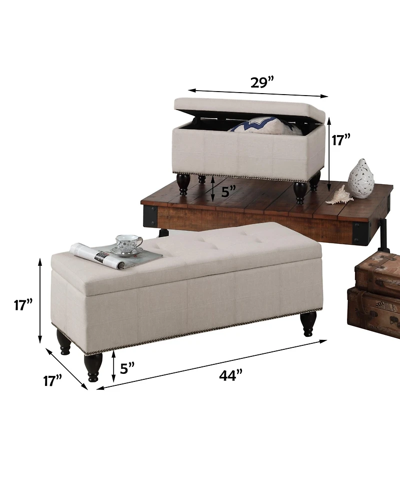 Boyel Living Linen Nailhead Accent Stool with Dark Wooden Legs, Versatile Shoe Bench and Seating