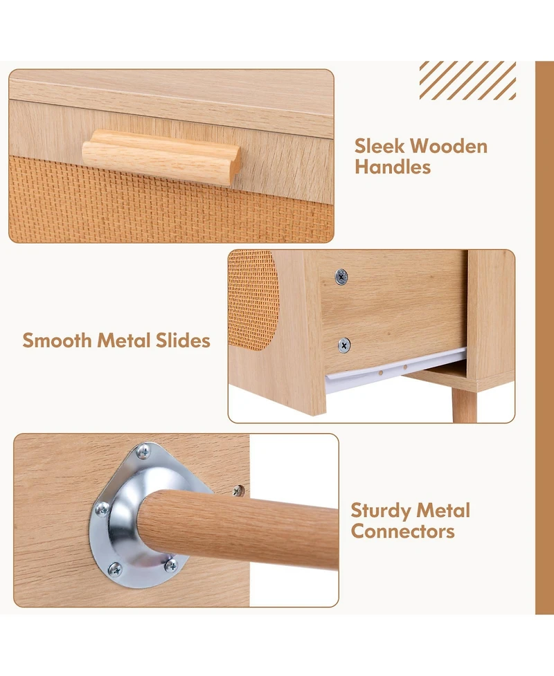 Sugift Rattan Coffee Table Mid Century Modern Center Table with 2 Storage Drawers-Natural