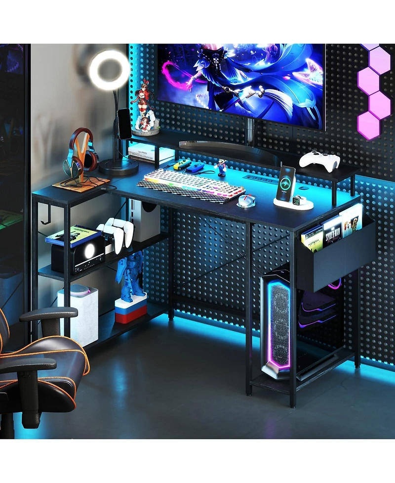 Mecale L-Shaped Gaming Desk with Led Lights and Built-In Power Outlets, Corner Workstation