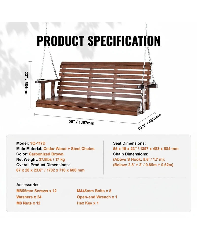 Gouun 5.5 feet Cedar Porch Swing with Hanging Chains, 880 lbs Capacity
