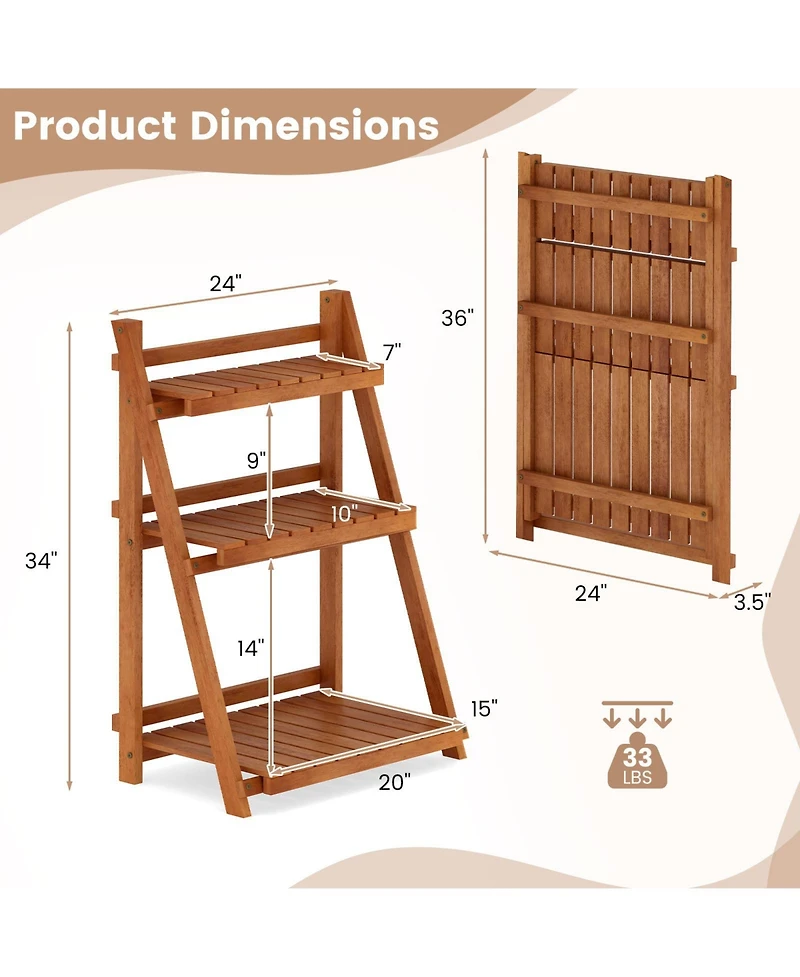 Sugift Foldable Three Tier Solid Wood Plant Stand for Patio
