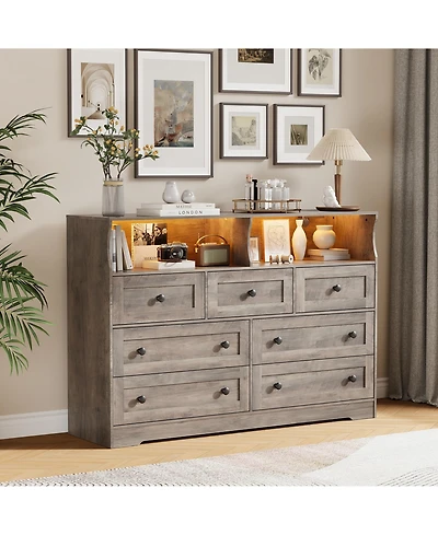 gaomon Bedroom 7-Drawer Wooden Dresser with 2 Open Cubbies, Modern Storage Chest.