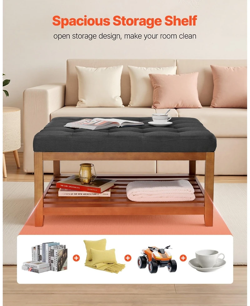 Sugift Large Square Ottoman Coffee Table, 34.5" Tufted with Wood Shelf Storage