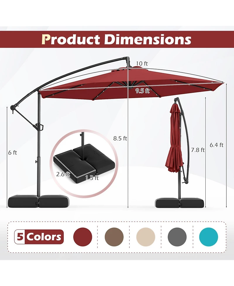 Sugift 10 Feet Solar Offset Hanging Umbrella with Base and 32 Led Lights-Wine