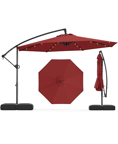 Sugift 10 Feet Solar Offset Hanging Umbrella with Base and 32 Led Lights-Wine
