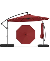 Sugift 10 Feet Solar Offset Hanging Umbrella with Base and 32 Led Lights-Wine