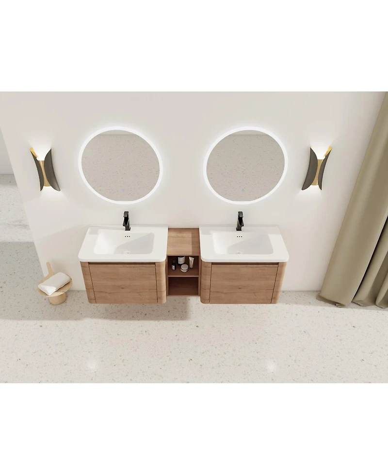 Sillysis Inch Wall Mounted Double Sink Bathroom Vanity with Storage Shelves, Plywood Cabinet and Soft Close Doors