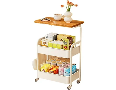 gaomon 3-Tier Rolling Cart w/Wooden Tabletop, Utility Cart w/Lockable Wheels, Multipurpose Storage Organizer Trolley for Kitchen, Office