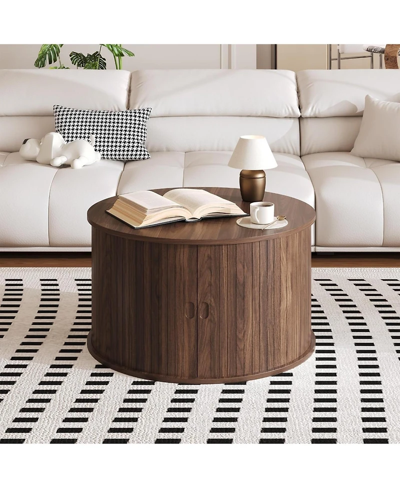 gaomon 28" Round Coffee Table with Storage, Mid Century Modern Fluted Accent Table with Sliding Tambour Door for Living Room
