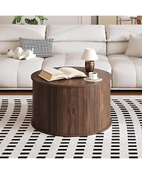 gaomon 28" Round Coffee Table with Storage, Mid Century Modern Fluted Accent Table with Sliding Tambour Door for Living Room