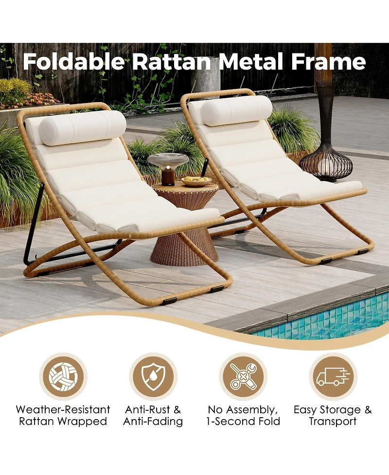 Rainsken 2-Piece Foldable Rattan Lounge Chair Set, Outdoor Reclining Chair with Adjustable Backrest, Thick Cushion and Removable Headrest for Beach