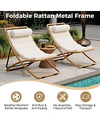 Rainsken 2-Piece Foldable Rattan Lounge Chair Set, Outdoor Reclining Chair with Adjustable Backrest, Thick Cushion and Removable Headrest for Beach