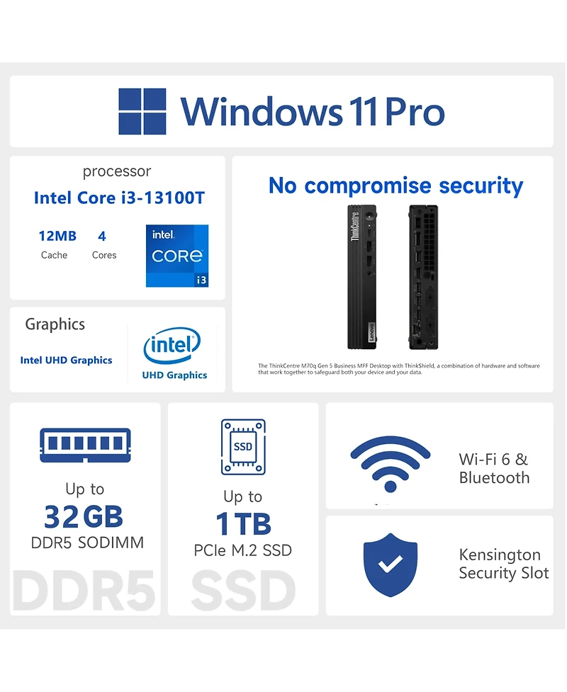 Lenovo ThinkCentre M70q Mff Desktop Intel Core i3 16GB Ram Intel Uhd Graphics 1TB Ssd Storage Windows 11 Pro