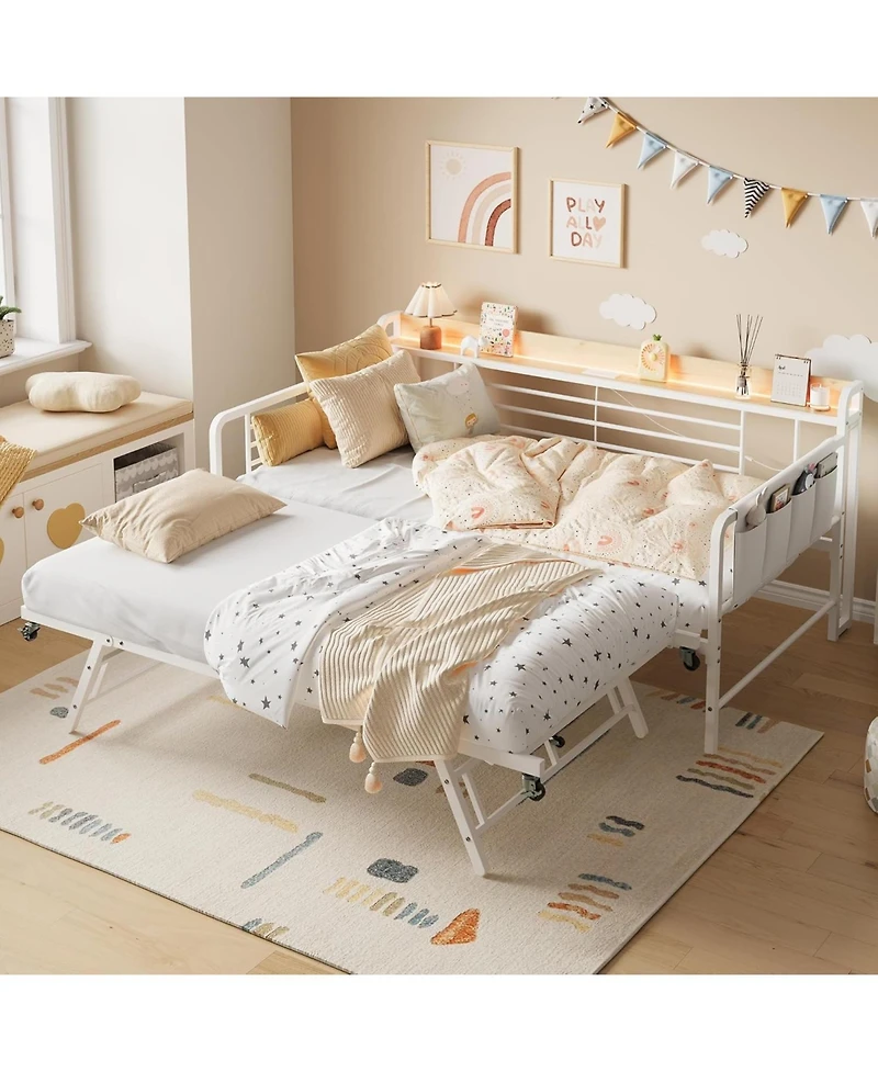 gaomon Twin Daybed with Trundle Bed, Storage Headboard with Charging Station and Additional Storage Bags, Sofa Day Bed with Strong Supports