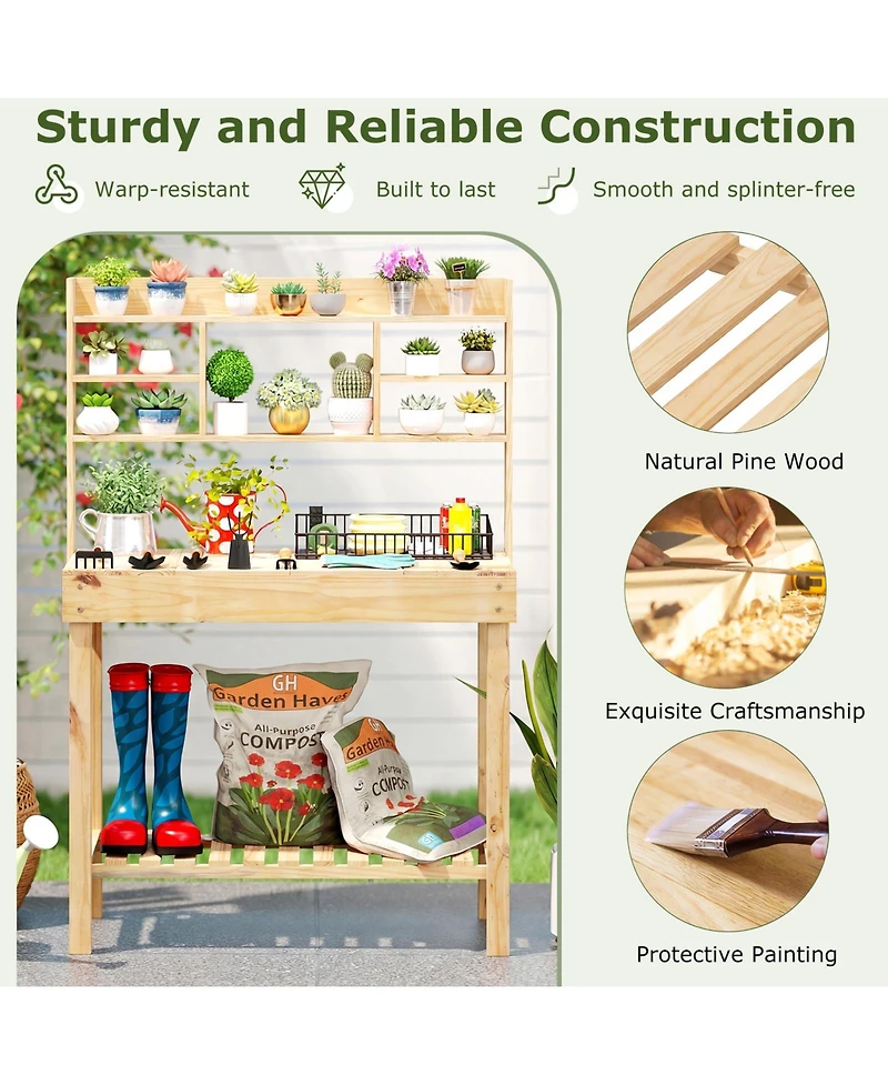 Sugift Wooden Potting Bench Table Garden Planting Workstation with 3-Tier Open Shelf