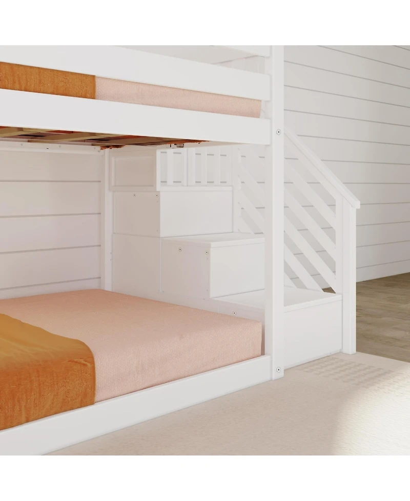 Max & Lily Twin Over Twin Low Bunk Bed with Slide and Stairs, Solid Wood Kids Platform Bed with 14" Guardrails