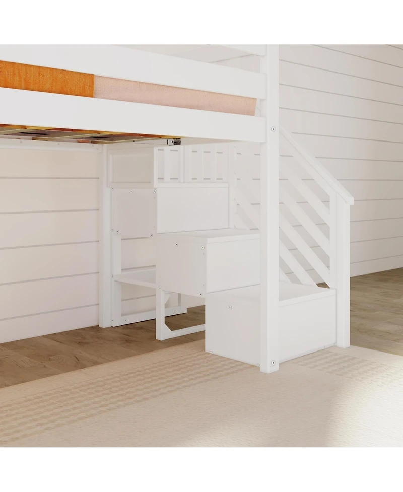Max & Lily Twin Size Low Loft Bed with Slide and Stairs, Solid Wood Kids Platform Bed with 14" Guardrails