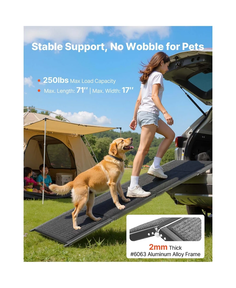 Aostirmotor 71" Folding Dog Ramp for Cars, Suv and Truck. Non-slip felt surface, supports up to 250lbs, portable design, ideal