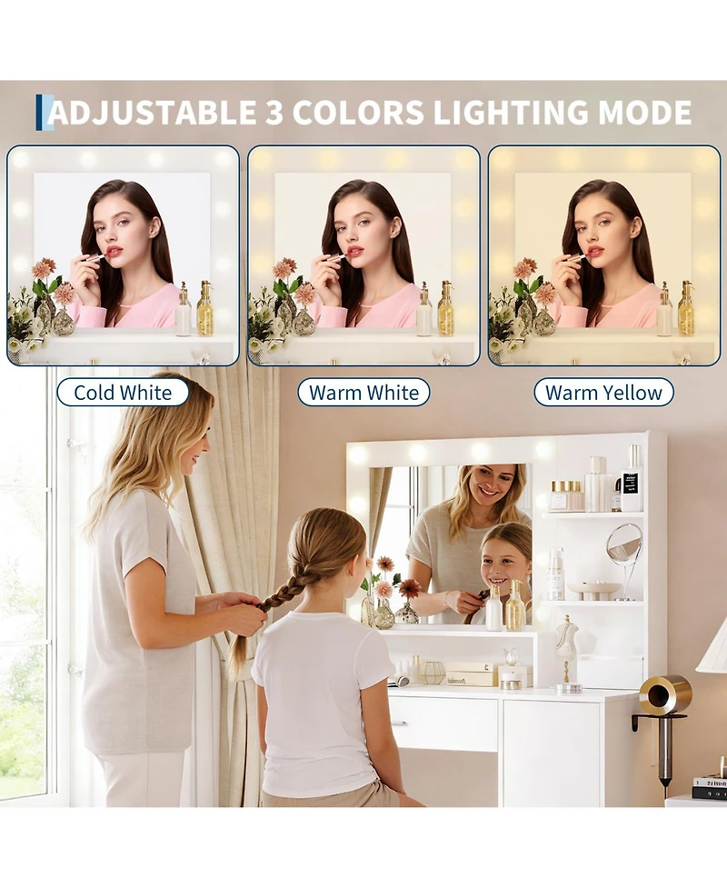 Homfan Modern Vanity Desk with Mirror Led Lights, Power Outlet, Storage Shelf, Hairdryer Rack, Adjustable Lighting, Cushioned Stool for Bedroom