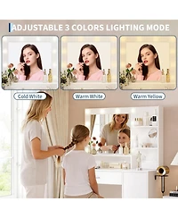 Homfan Modern Vanity Desk with Mirror Led Lights, Power Outlet, Storage Shelf, Hairdryer Rack, Adjustable Lighting, Cushioned Stool for Bedroom